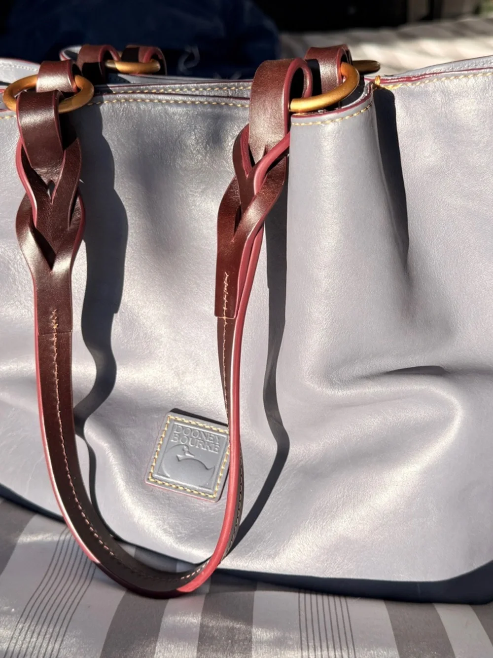 Dooney & Bourke Blue Tote with Brown Braided Handles and Gold Rings - Picture 2 of 11